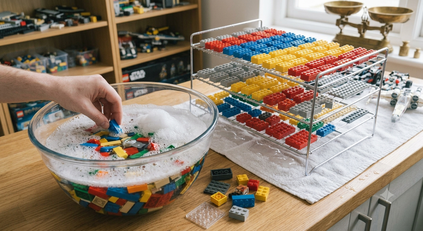 Cleaning LEGO bricks in soapy water before selling
