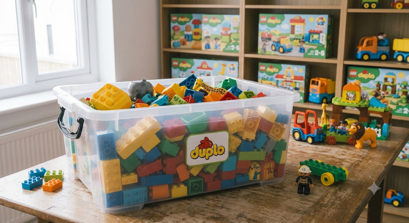 A tub of old Duplo bricks the kids have outgrown