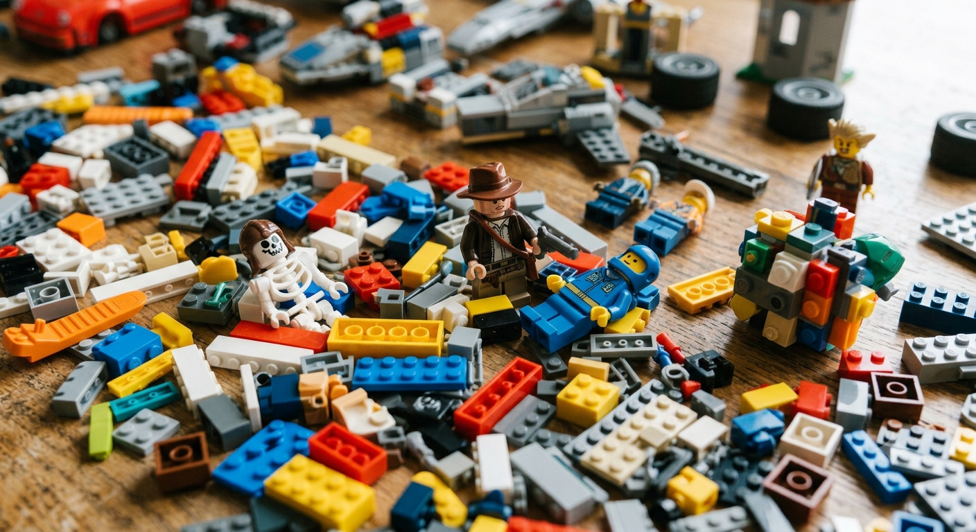 A jumble of mixed old LEGO bricks and minifigures of uncertain value