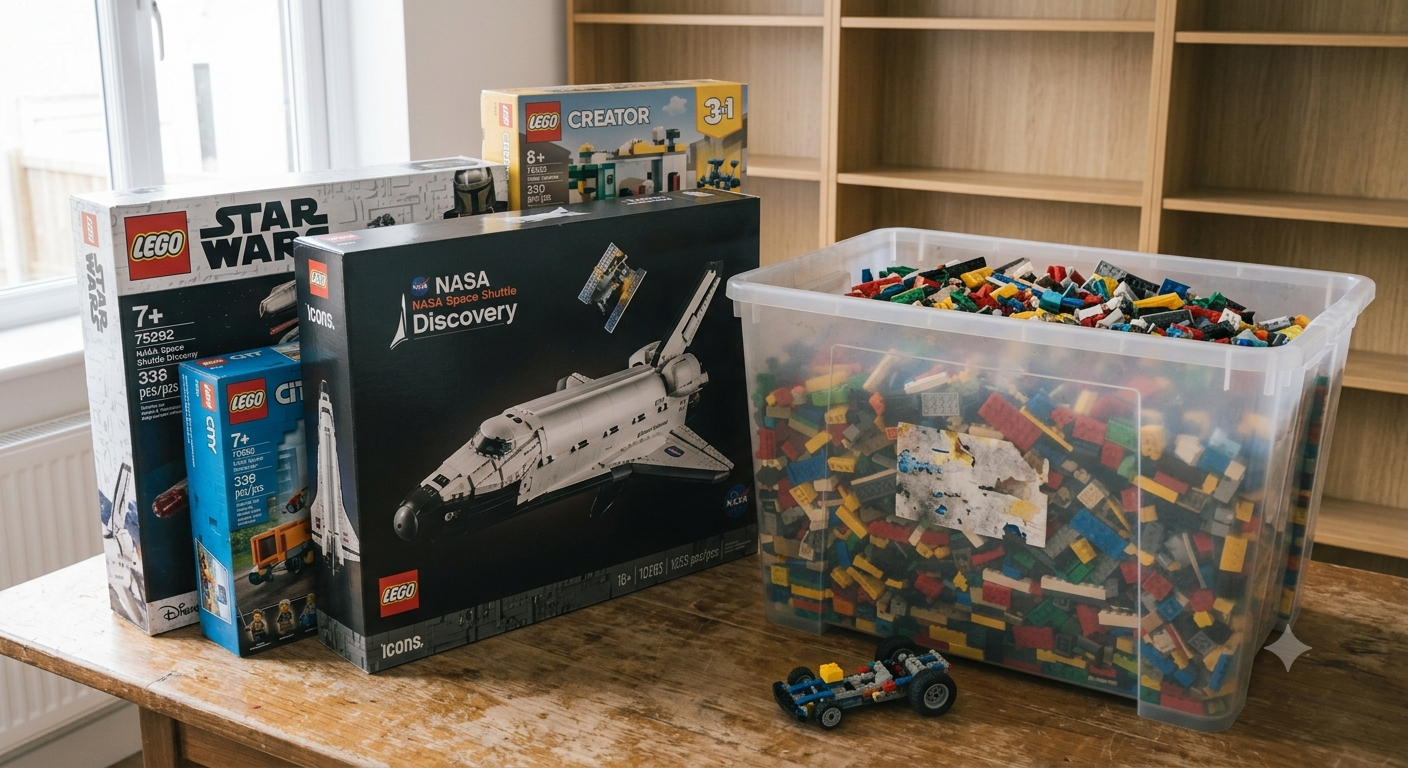 Comparing sealed new LEGO sets against a tub of older used bricks