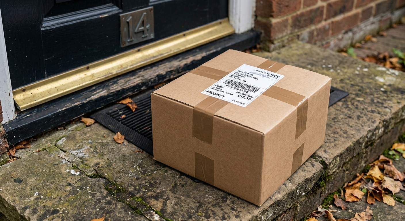 A boxed-up LEGO collection ready to post with a free prepaid label