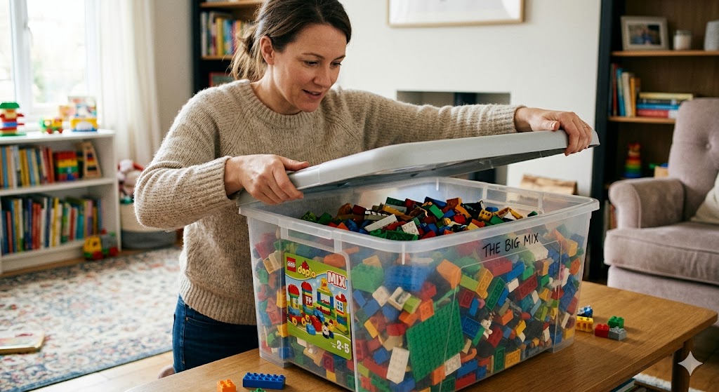 A parent clearing out a tub of their children's old LEGO to sell