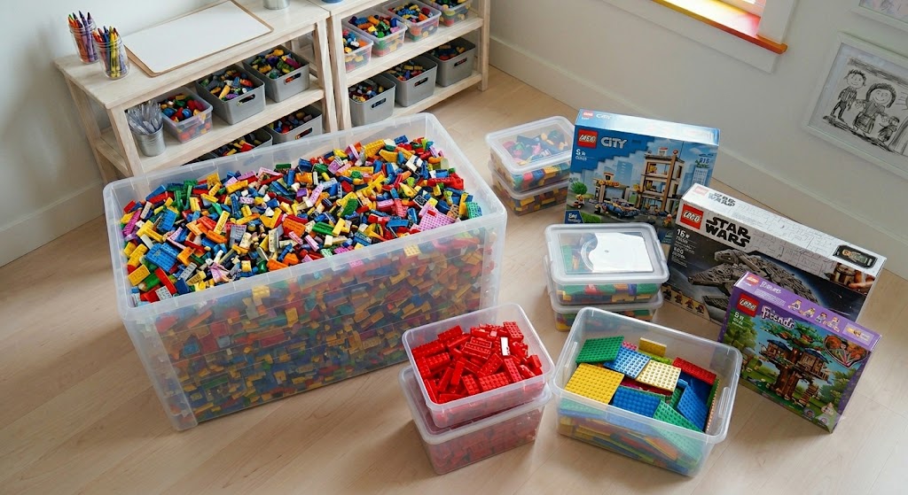 A large tub of mixed second-hand LEGO bricks ready to declutter and sell
