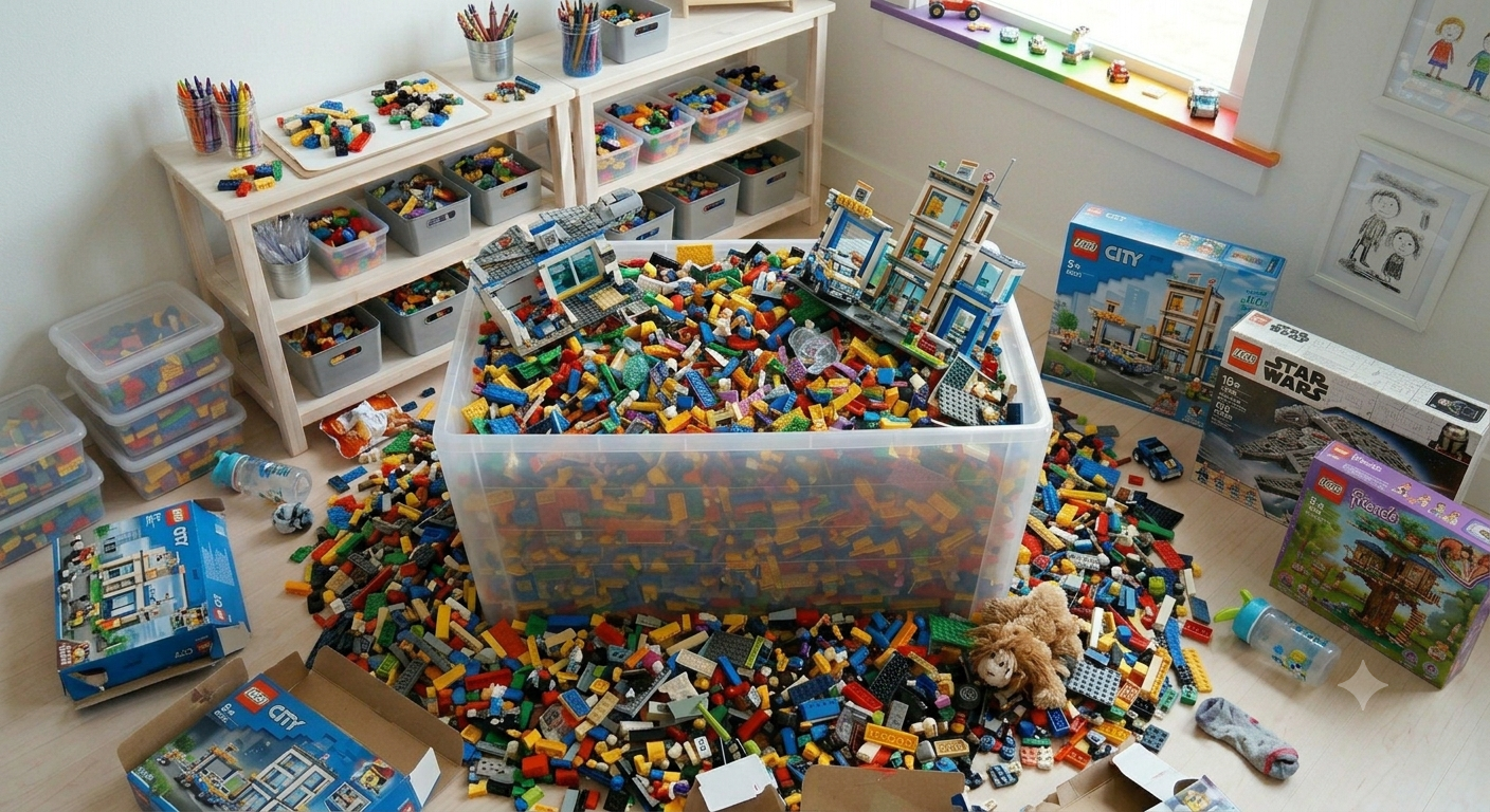 Clearing old LEGO from a children's playroom into a tub