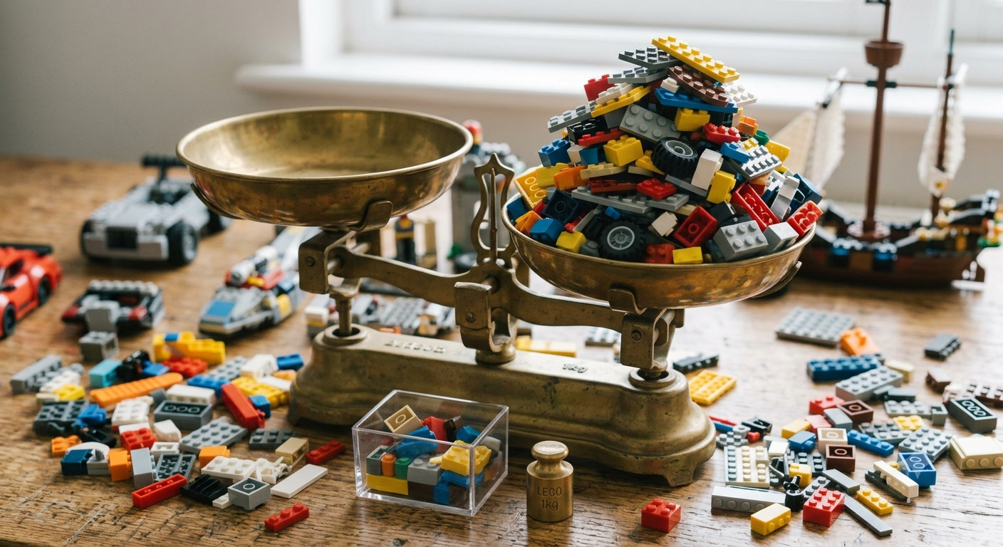 Weighing a pile of old LEGO bricks to find out what it is worth